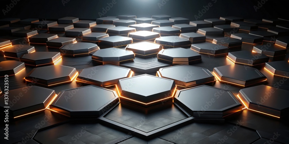 Aufkleber Abstract Dark Hexagon Pattern with Illuminated Edges and Glowing Light Source