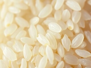 A close-up of white rice grains, showcasing large, translucent, and smooth rice grains, with a blurred background of more rice