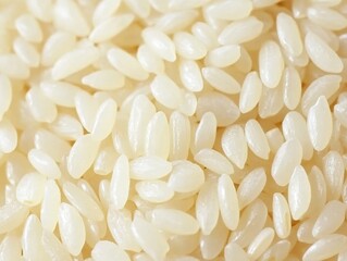 A close-up of white rice grains, showcasing large, translucent, and smooth rice grains, with a blurred background of more rice