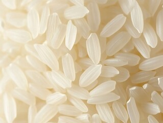 A close-up of white rice grains, showcasing large, translucent, and smooth rice grains, with a blurred background of more rice