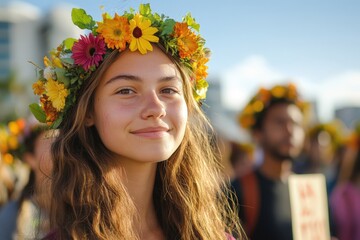 Celebration of nature and community spirit during a joyful festival with flower crowns at a vibrant outdoor gathering