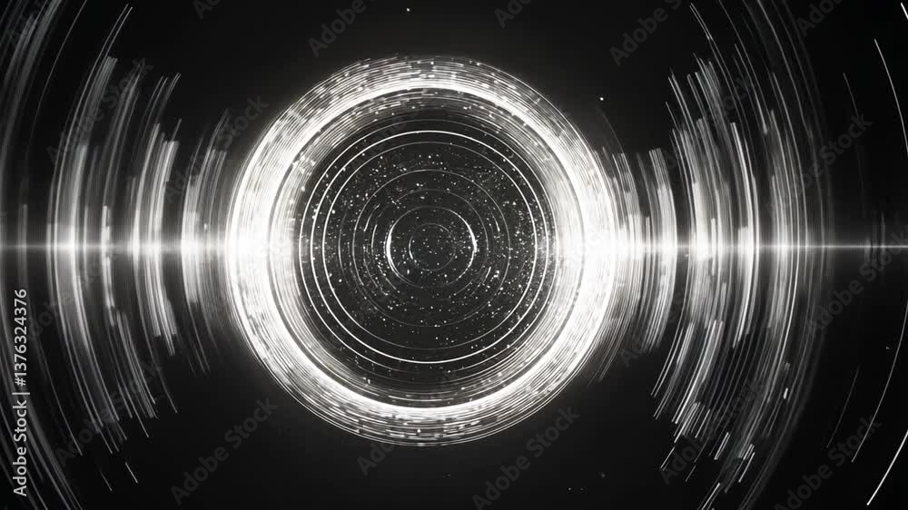 Poster abstract digital light waves and sound patterns radiating from a central point in dark background wi