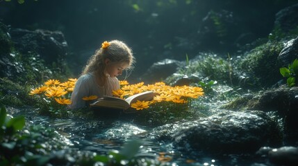 Girl engrossed in book amidst vibrant yellow flowers and tranquil stream