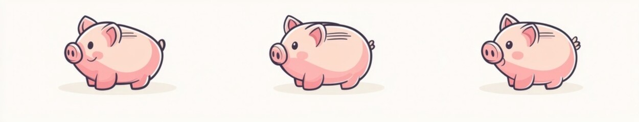 Minimalist line art piggy bank illustrations in flat design, featuring three views on a white background. Black outlines and pink accents emphasize simplicity and cartoon-like charm.