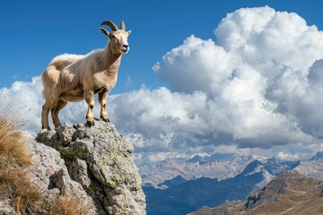 Majestic Ascent: An elegant mountain goat stands proudly atop a rugged peak, bathed in sunlight, set against a dramatic backdrop of towering mountain and sky.