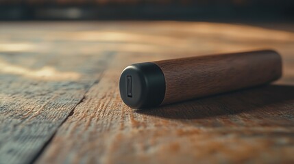 Wooden cylindrical device with a black tip resting on wood surface