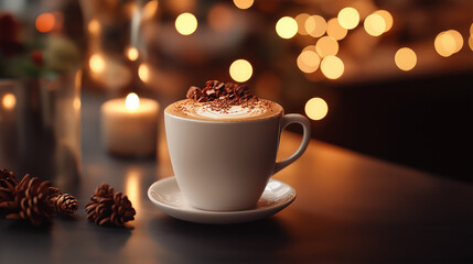Cozy winter cappuccino chocolate shavings pine cones warm candlelight glow blurred background