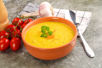 Vegetarian corn cream soup served parsley