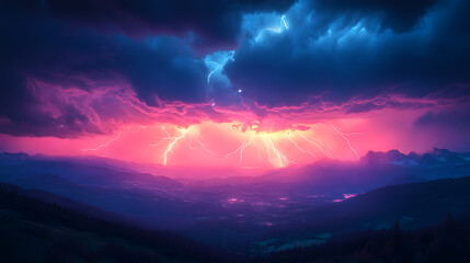 Fototapeta premium A massive thunderstorm with lightning bolts striking the earth, illuminating the dark sky and surrounding mountains. The immense power of nature is displayed in a dramatic, awe-inspiring scene filled 