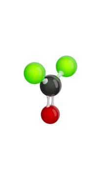 Molecule of Phosgene. Animated chemical 3D Model: Ball and stick. Molecular Formula: COCl2. White background. Seamless loop. Vertical screen. 3D rendering