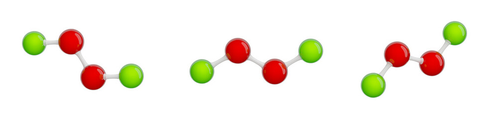 Molecule of Chlorine Peroxide. Set of views. Molecular formula: Cl2O2. Chemical model: Ball and stick. Isolated. Transparent background. 3D illustration