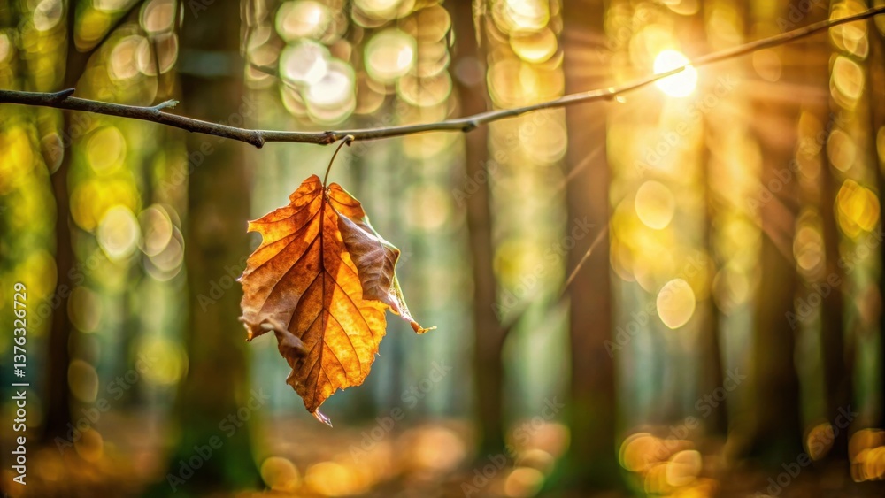 Aufkleber golden autumn leaf clinging to a branch, bathed in the warm glow of sunlight filtering through the t
