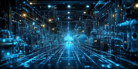 Futuristic digital corridor filled with glowing blue lines and technology elements in a high-tech environment