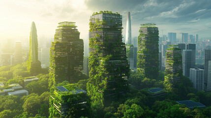 Lush green skyscrapers reclaim city a vibrant future dawn with soft sunlight blurred city background