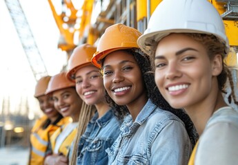 A vibrant scene of a construction team wearing orange hard hats and fluorescent green vests, standing at a construction site with cranes and building frameworks in the background
