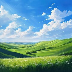 Obraz premium A field landscape painting with vast green meadows, distant rolling green hills, a bright blue sky with fluffy white clouds, sunlight streaming down, and wildflowers swaying in the breeze