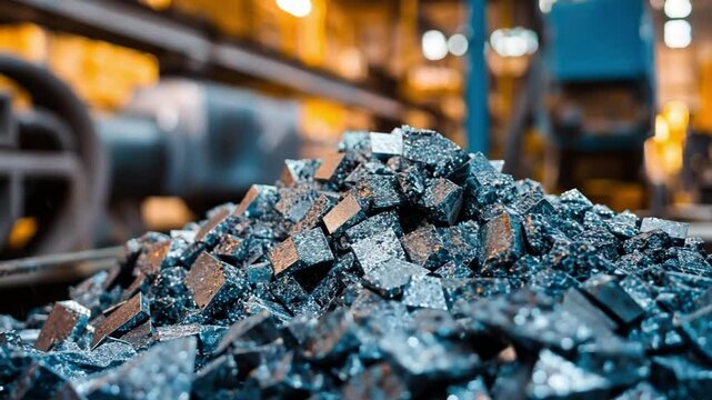Industrial setting with shiny metal pieces on the ground, showcasing the raw materials and manufacturing process in a production facility environment