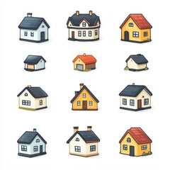 Various colorful cartoon houses in a grid layout showcasing different styles and designs