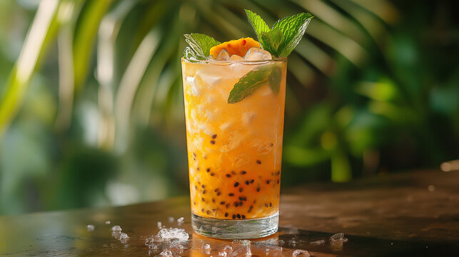 Refreshing passion fruit cocktail icy glass mint garnish sunlit tropical background vibrant colors