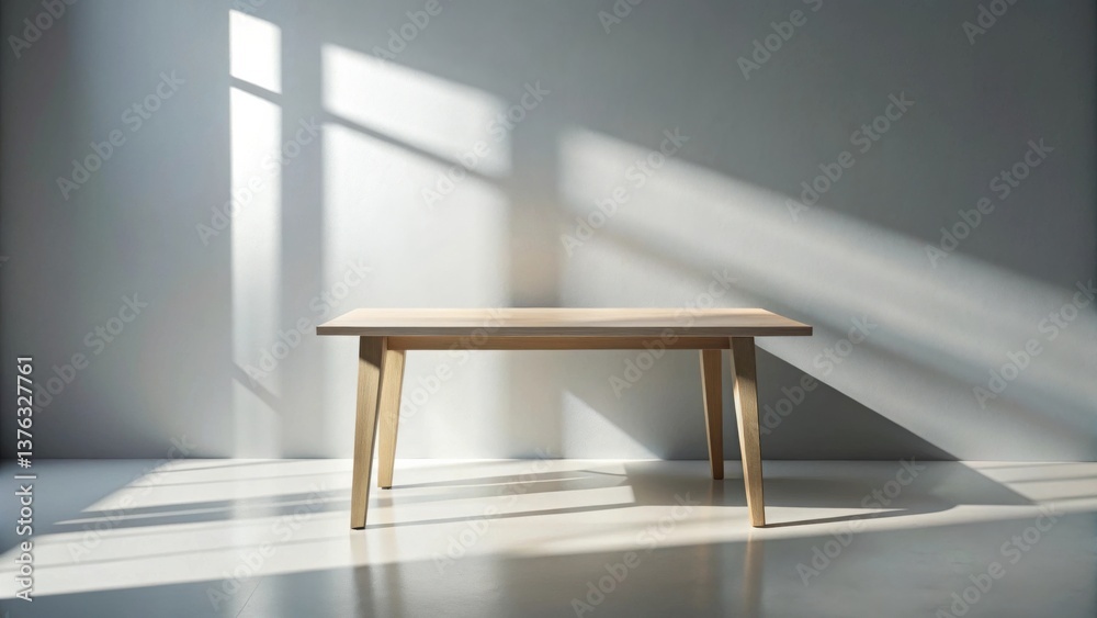 Aufkleber light streams through a window, illuminating a simple wooden table against a neutral wall. a minimal
