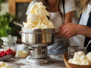 Delicious Homemade Ice Cream Dessert with Fresh Raspberries and Whipped Cream: A Culinary Indulgence for a Festive Family Treat