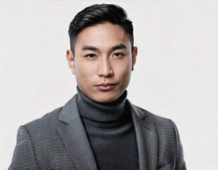 Fototapeta premium Elegant Asian Male Manager in Turtleneck and Blazer on White Background
