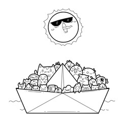 paper ship bring cute characters on the sea