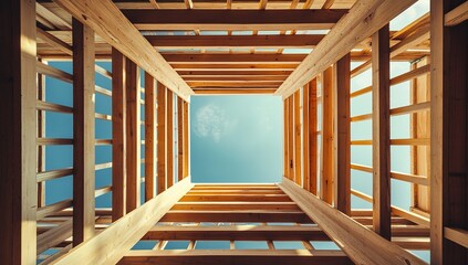 Fototapeta premium A modern architectural structure scene featuring a wooden framework with multiple layers of beams and glass windows, sunlight streaming from the top, illuminating the space