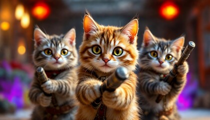 Obraz premium Three Cute Cats Holding Pipes Standing with Blurred Background