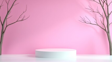 Minimalist Pink Studio with Bare Branches and White Podium
