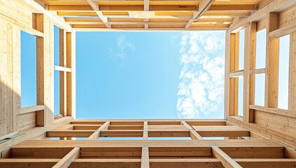 A modern architectural structure scene featuring a wooden framework with multiple layers of beams and glass windows, sunlight streaming from the top, illuminating the space