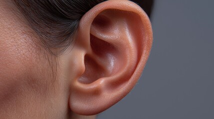 Detailed anatomical view of a human ear, emphasizing its structure and texture