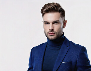 Obraz premium Elegant European White Male Manager in Turtleneck and blue Blazer on White Background