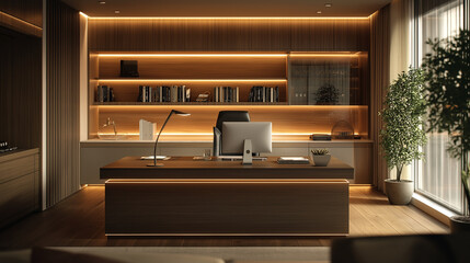 Modern minimalist home office design warm lighting wooden desk built in shelves plants