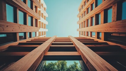 A modern architectural structure scene featuring a wooden framework with multiple layers of beams and glass windows, sunlight streaming from the top, illuminating the space