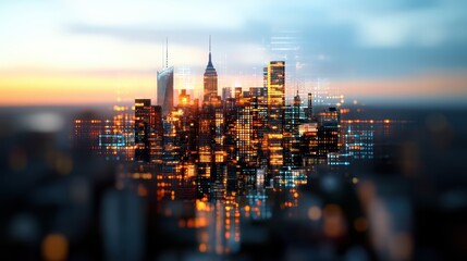 Stylized nighttime cityscape featu glowing buildings and overlaying digital elements representing connectivity and data flow in a vibrant urban landscape