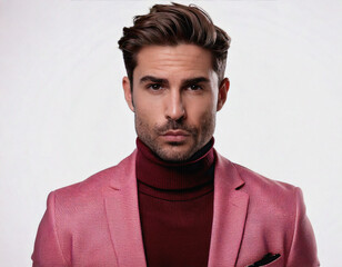Obraz premium Elegant European White Male Manager in Turtleneck and pink Blazer on White Background