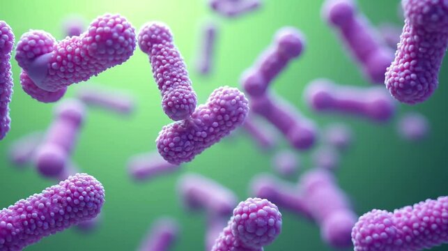 A close-up 3D rendering of rod-shaped bacteria cells in purple, floating against a green background, ideal for scientific studies, microbiology education, or medical visualizations.
