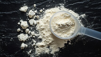 Protein Powder Scattered with Plastic Scoop on Black Background