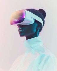 Portrait of an African American woman in white and holographic attire, wearing a VR headset against a minimalist white background, showcasing fashion and technology in soft pastel tones.