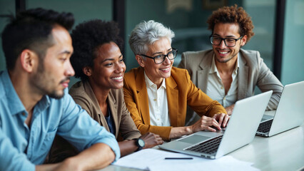 Close-up, diverse team of four multiethnic smiling business colleagues collaborating on laptops, professionals working together in modern office with healthy work environment
