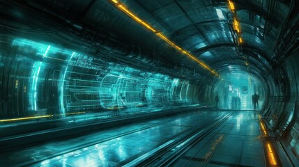 A futuristic underground tunnel with people and glowing technology is shown