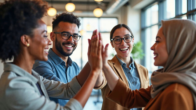 Diverse team of four young adult cheerful multiethnic businesspeople enjoying their teamwork, giving high five together in modern office, celebrating success, achievements and goals, showing unity