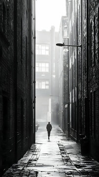 Fototapeta Solitary Figure Walking Through a Foggy City Alley