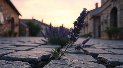 Organic Lavender Plant Growing in Road in Summer at Sunset City View.