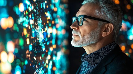 Man gazing at advanced data visualization, contemplating future trends