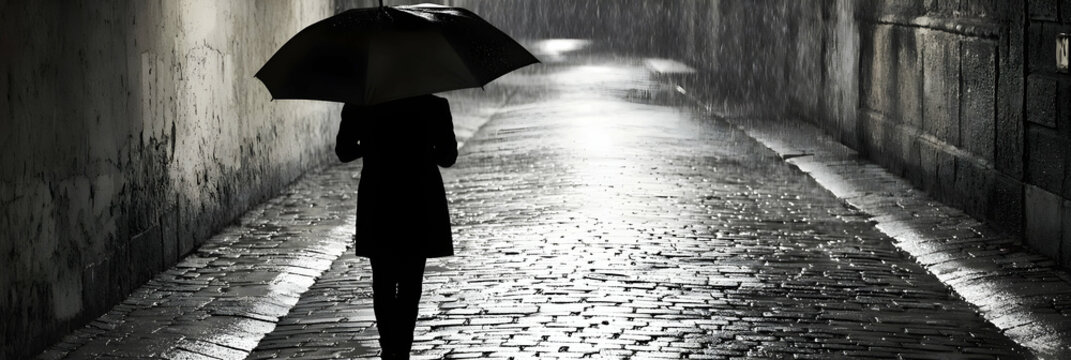 Fototapeta Solitary Figure Walking Under Umbrella in Rainy City Alley at Night