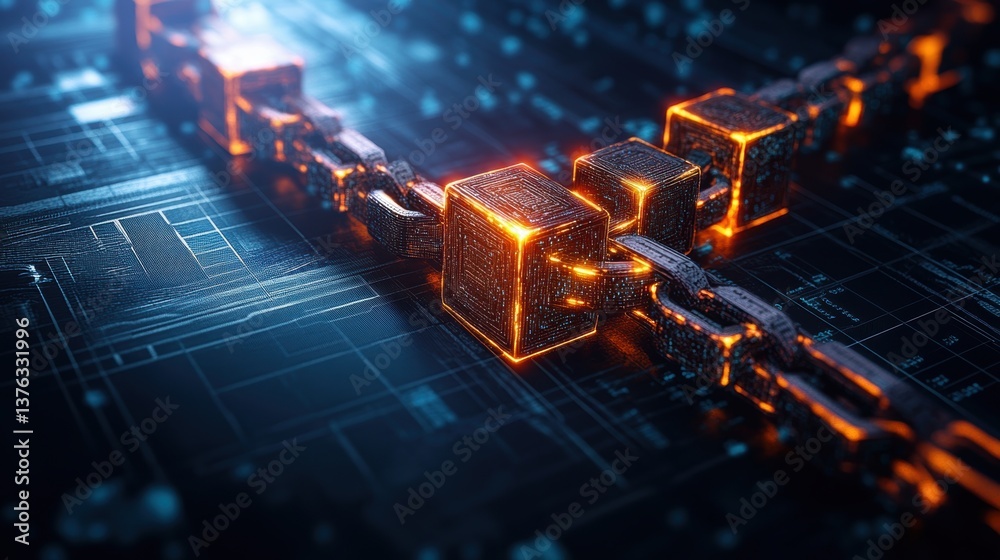 Poster a stylized digital rende showing two chains of glowing orange-red data blocks linked together on a d