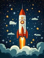 Retro Rocket Launching Night Sky.