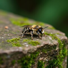 Bee on mossy stone with garden. (1)